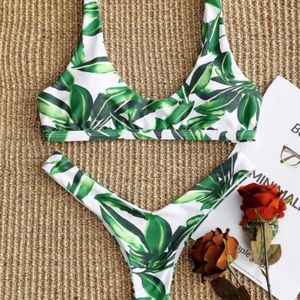 White and Green Leaf Print High Cut Bikini Set